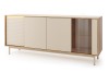 Sideboard TOGY 02 mit LED-Beleuchtung, Glasfront und moderner Rillenoptik in Beige.