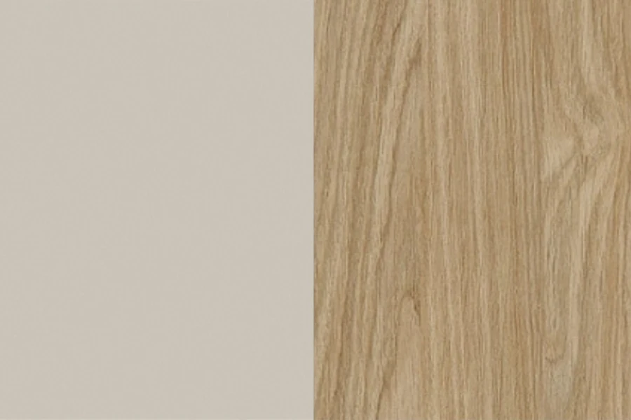 Material-Details: Kombination aus hellem Eichenholz-Dekor und matter beiger Oberfläche.