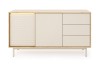 Sideboard in Eiche und Beige mit drei Schubladen, Lamellen-Optik und LED-Beleuchtung.