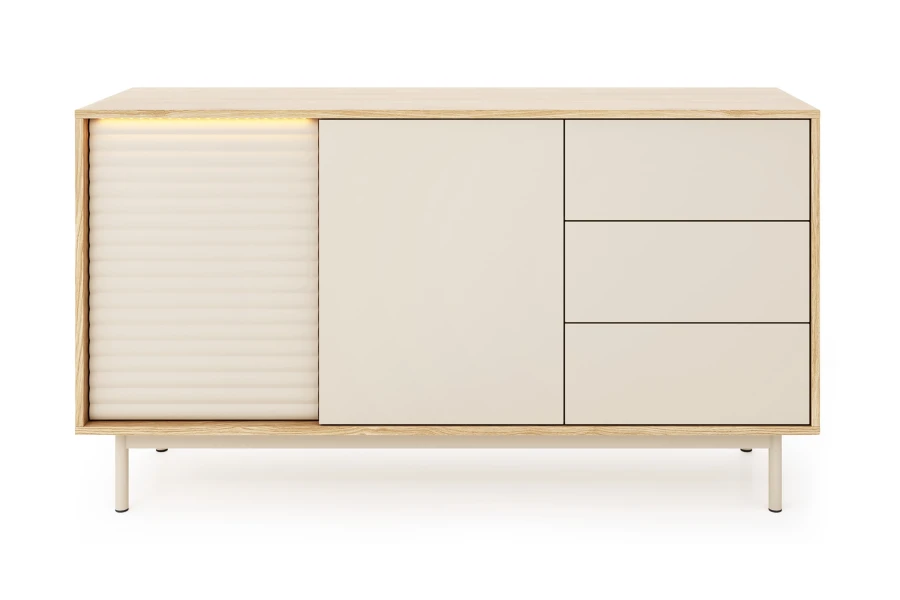 Sideboard in Eiche und Beige mit drei Schubladen, Lamellen-Optik und LED-Beleuchtung.