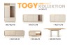 Übersicht der TOGY Möbelserie mit Maßen für Sideboards, Tische und Vitrinen.