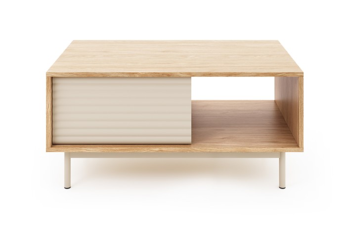 Moderner Couchtisch in Eiche-Optik mit eleganter, beige geriffelter Schiebetür und offenem Fach.