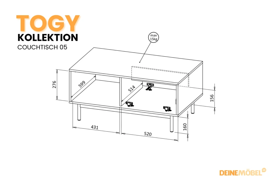 Technische Detailzeichnung des Couchtischs TOGY 05 mit allen wichtigen Maßangaben.