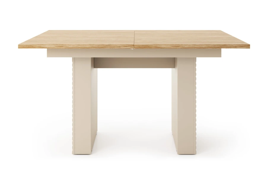 Moderner ausziehbarer Esstisch in Eiche-Optik und Beige für das Esszimmer.