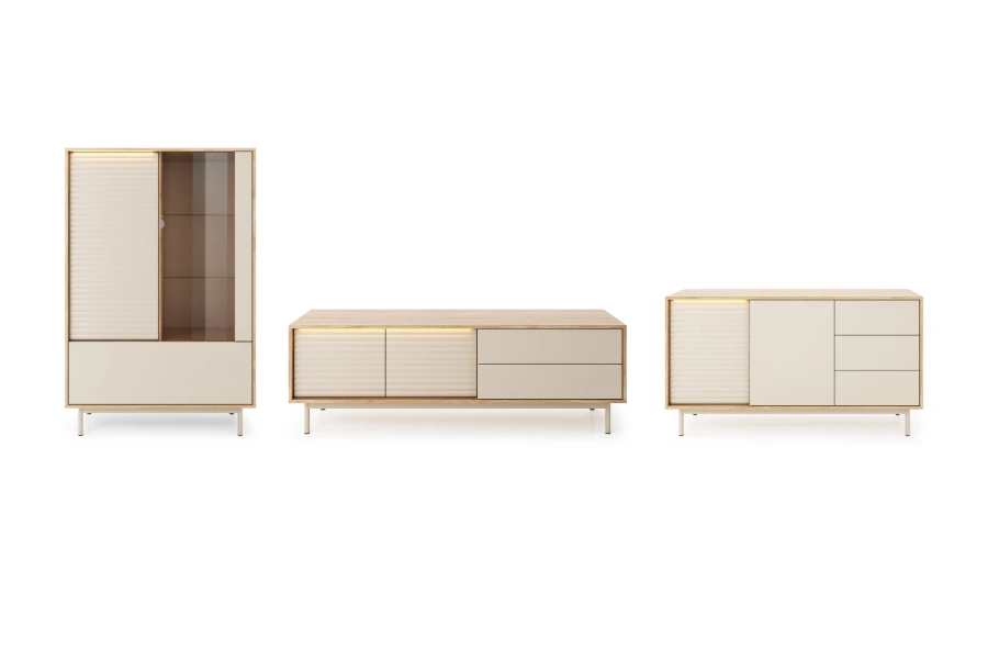 Togy Möbel-Auswahl: Highboard, breites TV-Lowboard und Sideboard in eleganter Farbkombination.