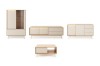 Vier Togy Wohnzimmermöbel: Highboard, Sideboards und quadratischer Couchtisch auf weißem Grund.