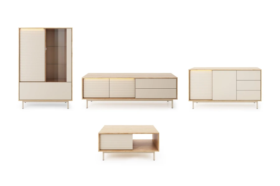 Vier Togy Wohnzimmermöbel: Highboard, Sideboards und quadratischer Couchtisch auf weißem Grund.