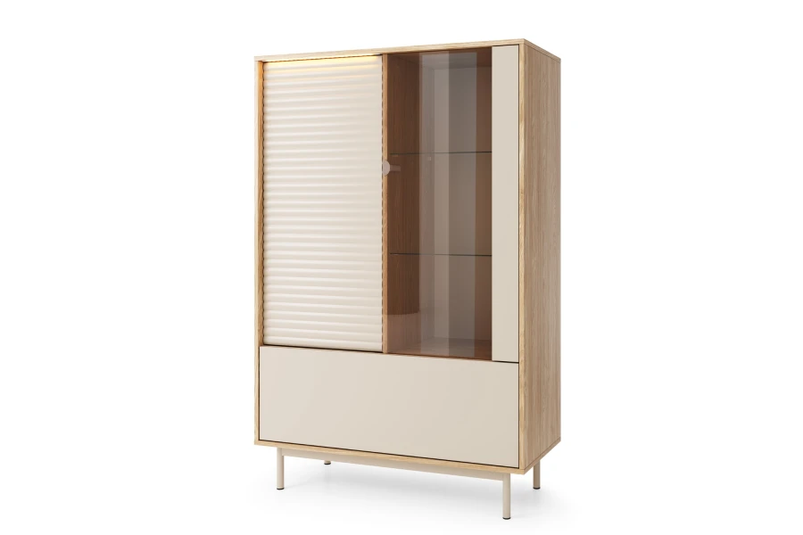 Moderne Vitrine TOGY in Eiche-Nachbildung mit Lamellentür und Glasfront