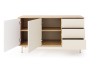 Sideboard Togy offen: Stauraum mit Einlegeböden und drei Schubladen in Beige-Eiche.