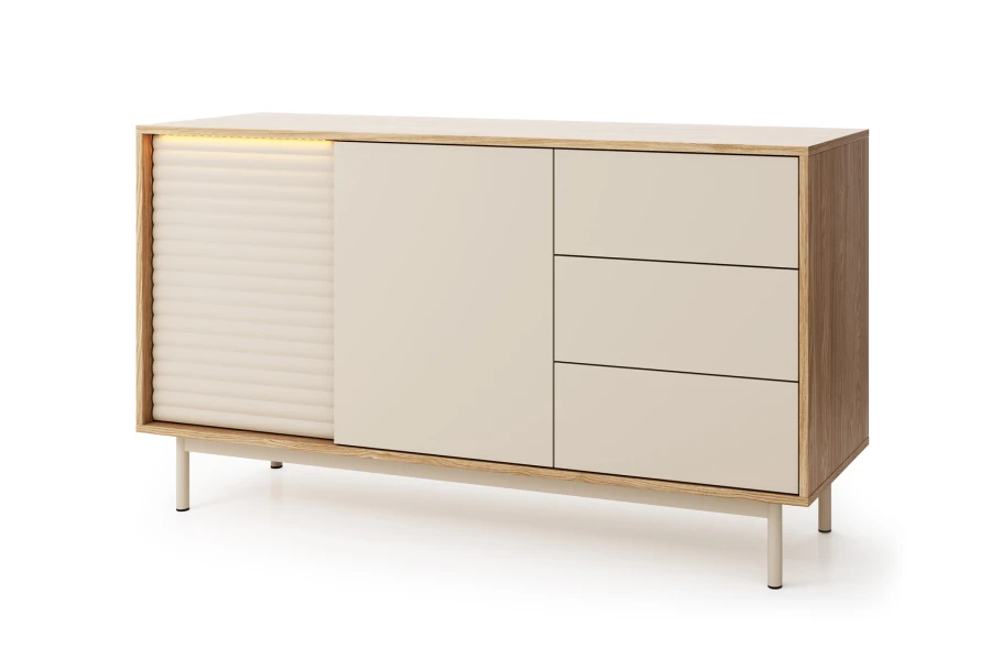 Beige Kommode Togy mit LED-Lichtleiste und stilvoller Riffel-Optik an der Tür.