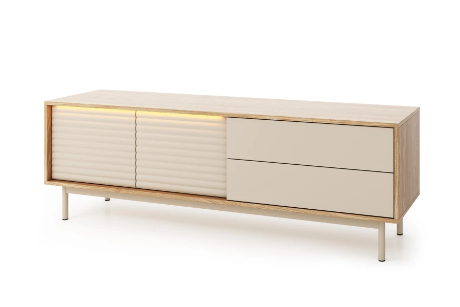 Modernes TV-Board TOGY RTV 04 mit LED-Beleuchtung und beige geriffelter Front.