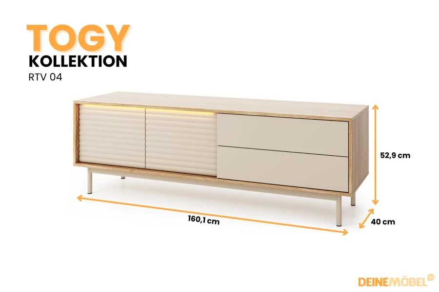 Maße des TV-Unterschranks TOGY RTV 04: 160,1 cm x 52,9 cm x 40 cm (B/H/T).