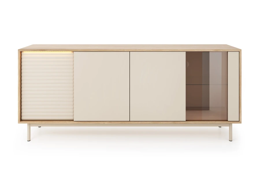 Sideboard Togy Kommode 02 in Beige und Eiche-Optik mit Riffel-Front, Glasvitrine und LED-Licht.