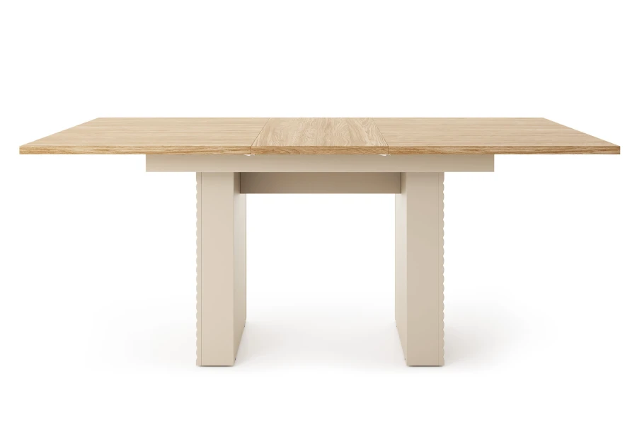 Frontansicht Esstisch Togy 06: Moderner, ausziehbarer Küchentisch in hellem Holz- und Beigedesign.