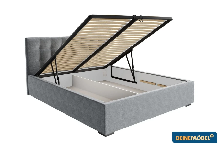 Gepolstertes Bett in Grau mit hochklappbarem Lattenrost und Bettkasten-Stauraum.