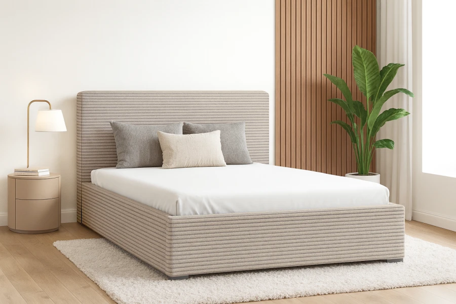 Modernes Polsterbett in Beige mit geripptem Stoff im hellen Schlafzimmer