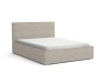 Beige gepolstertes Bett mit horizontalem Rippenmuster auf weißem Hintergrund