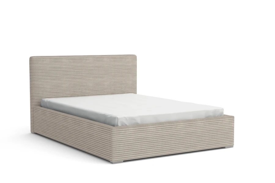 Beige gepolstertes Bett mit horizontalem Rippenmuster auf weißem Hintergrund