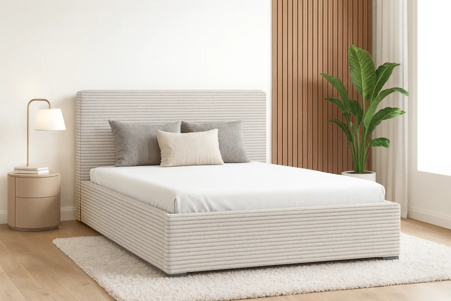 Beiges Polsterbett mit Cord-Struktur im gemütlich eingerichteten Schlafzimmer.