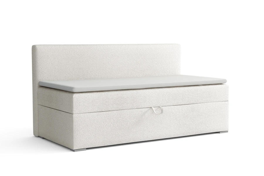 Hellbeiges Schlafsofa mit Bettkasten und minimalistischem Design auf weißem Hintergrund.