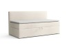 Beige gepolsterte Sitzbank mit Bettkasten und weißer Matratze auf weißem Hintergrund.