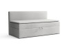 Helles Polsterbett mit integriertem Bettkasten in Lichtgrau, modernes Design.