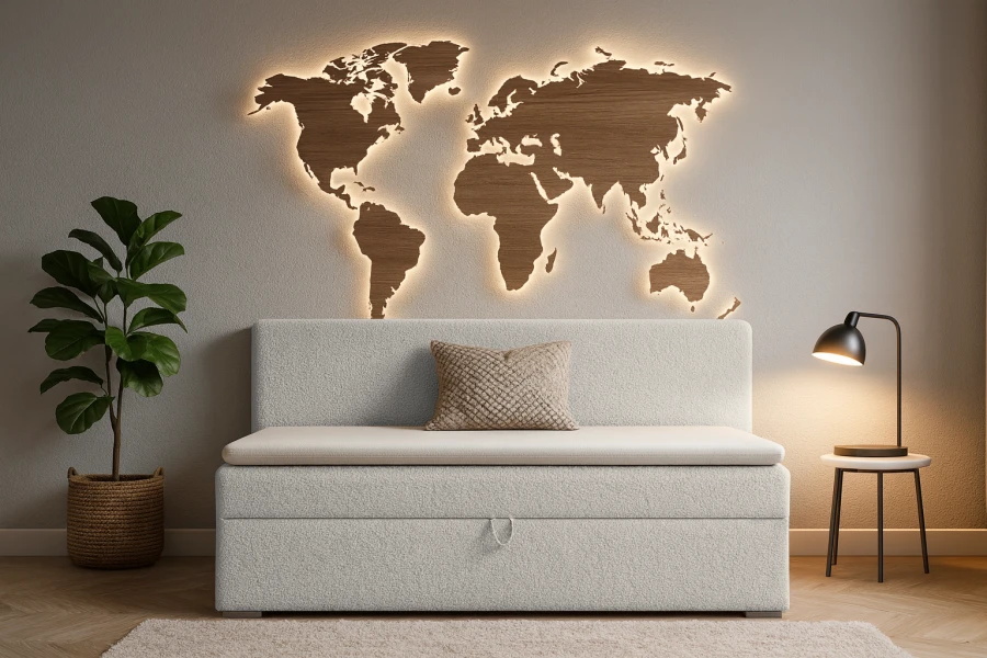 Modernes Wohnambiente mit hellgrauer Bank, Weltkarte als Wanddeko und eleganter Lampe.