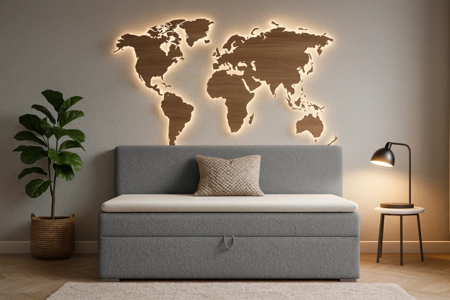 Elegantes graues Schlafsofa in modernem Wohnambiente mit Weltkarten-Wanddeko.