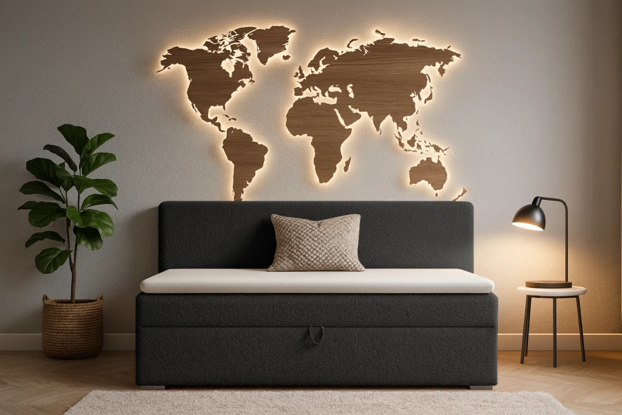 Dunkelgraues Paolo Kindersofa vor Wand mit beleuchteter Weltkarte aus Holz.