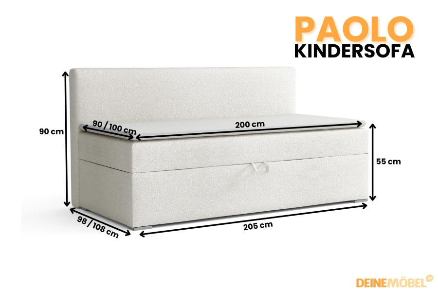Abmessungen des Paolo Kindersofas in Weiß: Detailansicht mit Maßen.