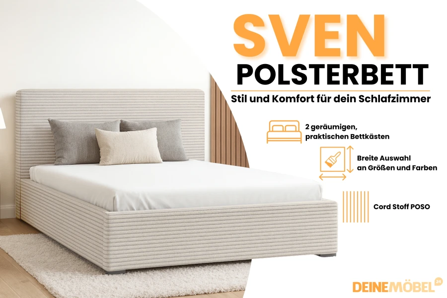 Modernes Polsterbett Sven in Beige aus Cord-Stoff Poso mit integrierten Bettkästen.