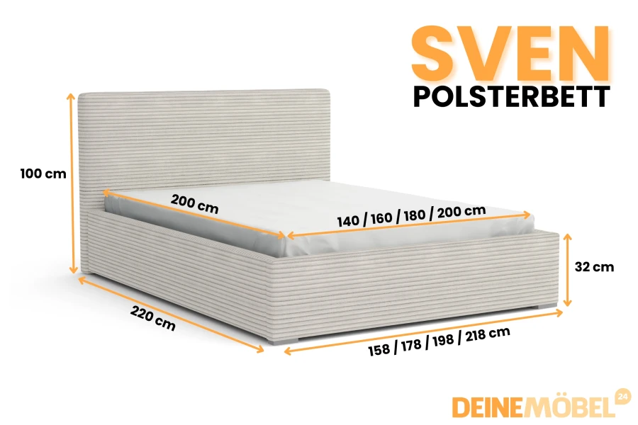 Technische Zeichnung mit Maßen für das Polsterbett Sven in verschiedenen Breiten.
