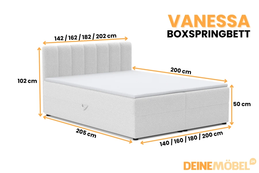 Maßangaben für Boxspringbett Vanessa: Übersicht der verfügbaren Breiten und Höhen.