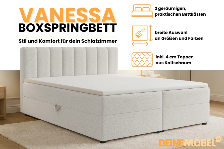 Eigenschaften Boxspringbett Vanessa: Inklusive 2 Bettkästen, Topper und Farbauswahl.