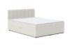 Cremefarbenes Boxspringbett mit Bouclé-Stoff und vertikal gestepptem Kopfteil auf weißem Hintergrund.