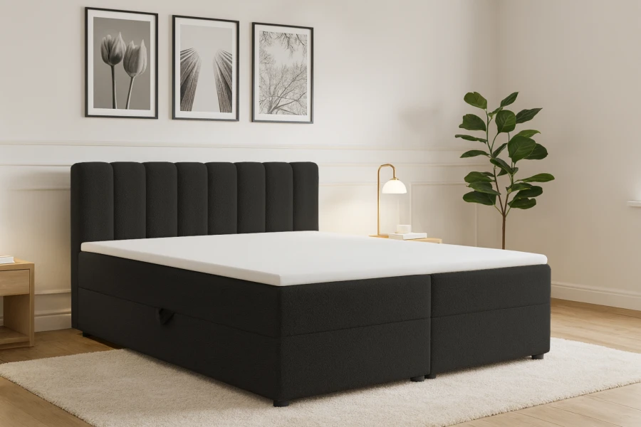 Stilvolles Schlafzimmer mit schwarzem Polsterbett und moderner Dekoration.