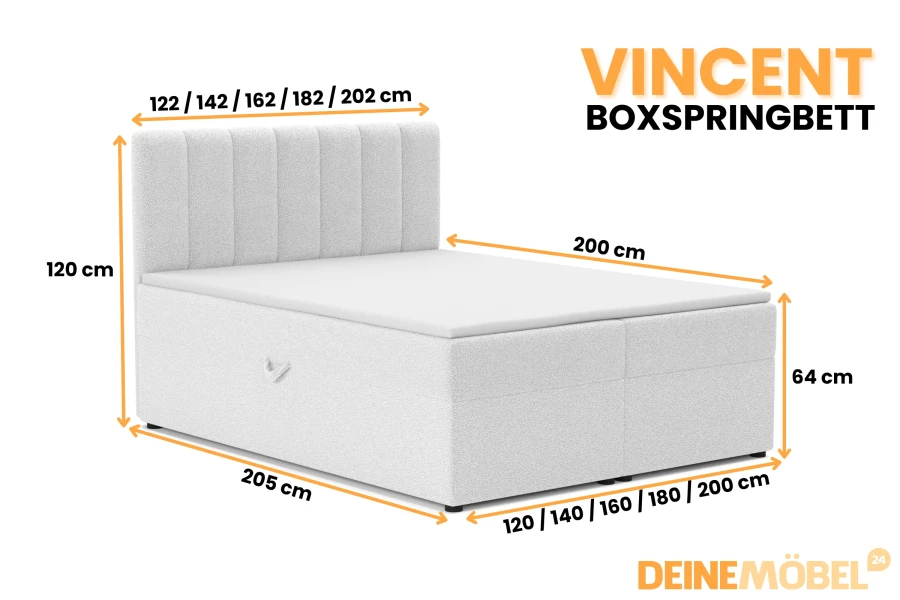 Maße des Vincent Boxspringbetts in Weiß mit verschiedenen Größenangaben.
