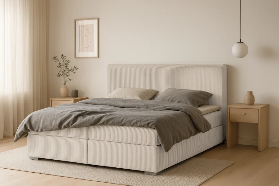 Gemütliches Schlafzimmer mit beigem Cord-Boxspringbett und moderner Deko