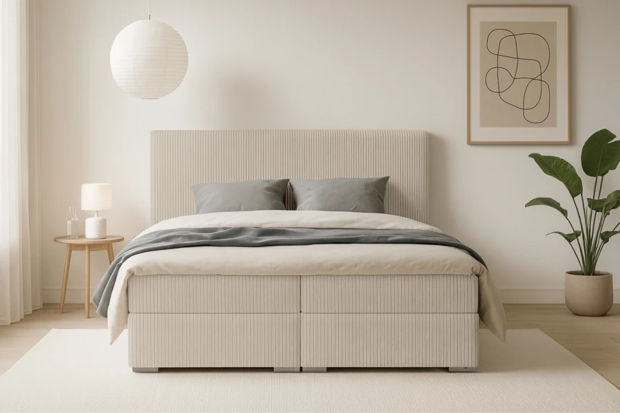 Modernes Boxspringbett in Beige mit geriffeltem Kopfteil für ein helles Schlafzimmer.