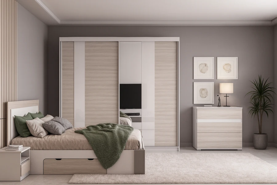 Modernes Schlafzimmer-Set mit Schiebetürenschrank, Bett und Kommode in Eiche-Optik.
