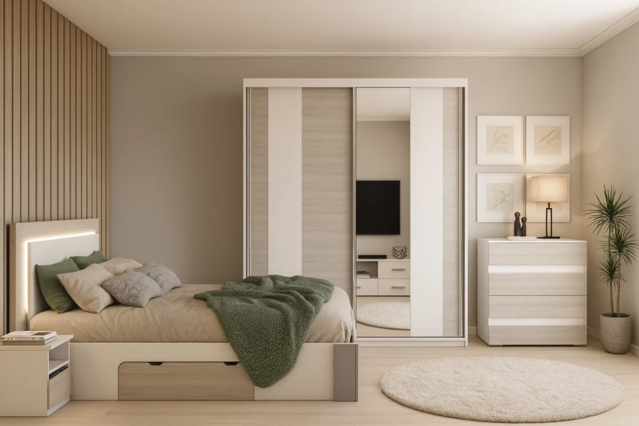 Komplettes Schlafzimmer mit beleuchtetem Bett, Spiegelschrank und gemütlicher Atmosphäre.