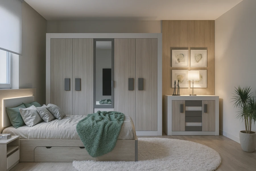 Modernes Schlafzimmer-Set mit großem Kleiderschrank, Bett und Kommode in hellem Holzdesign.