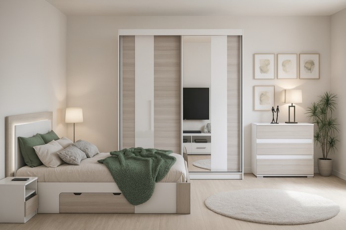 Moderner Schwebetürenschrank mit Spiegel in hellem Schlafzimmer mit gemütlichem Bett.