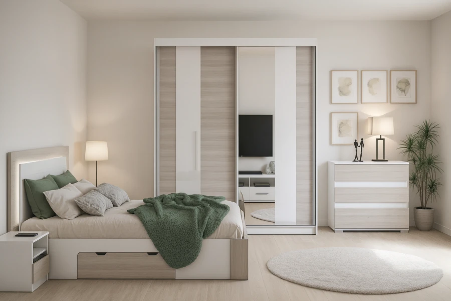 Moderner Schwebetürenschrank mit Spiegel in hellem Schlafzimmer mit gemütlichem Bett.