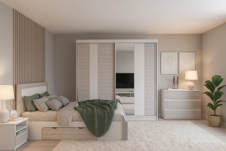 Schlafzimmer Einrichtung mit Holzlamellen-Wand, großem Kleiderschrank und weißem Teppich.