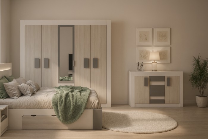 Gemütliches Schlafzimmer-Design in warmen Holztönen mit Kleiderschrank, Spiegel und stilvoller Beleuchtung.