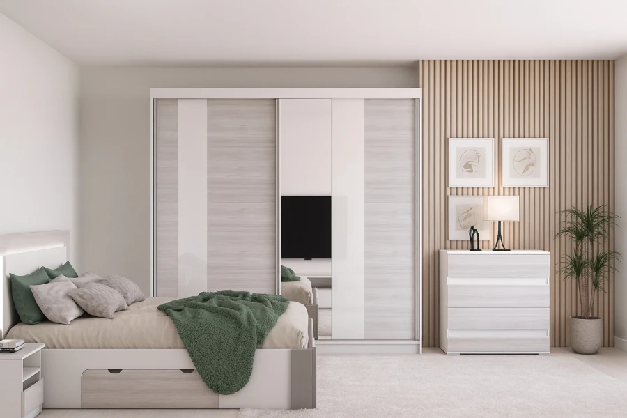 Modernes Schlafzimmer mit Schiebetüren-Kleiderschrank, Wandpaneelen aus Holz und passender Kommode in Weiß-Grau.