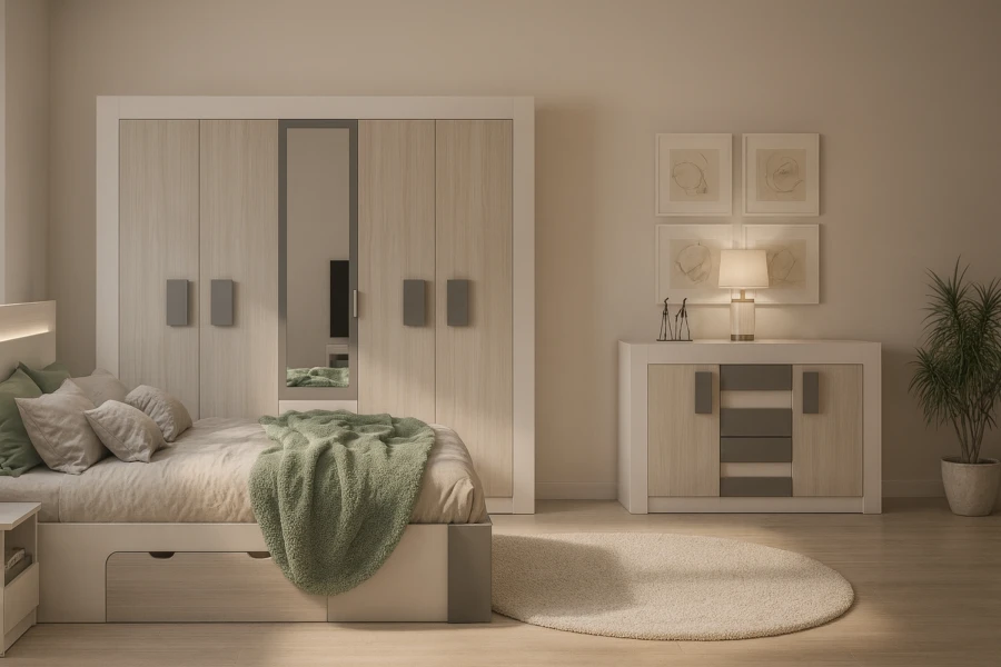 Modernes Schlafzimmer mit großem Kleiderschrank, Bett und Kommode in hellen Holztönen.