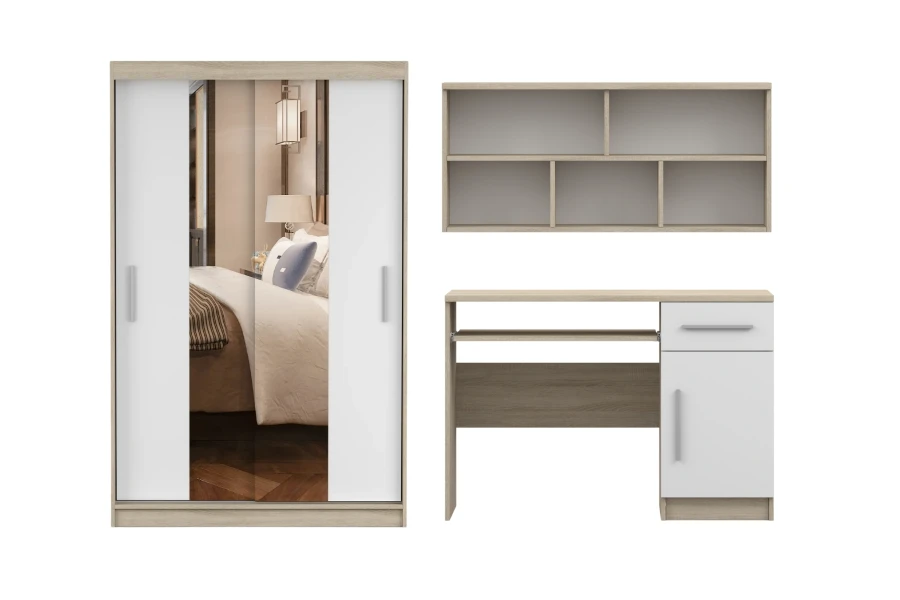 Möbelset in Eiche-Optik und Weiß: Kleiderschrank mit Spiegel, Schreibtisch und Wandregal.