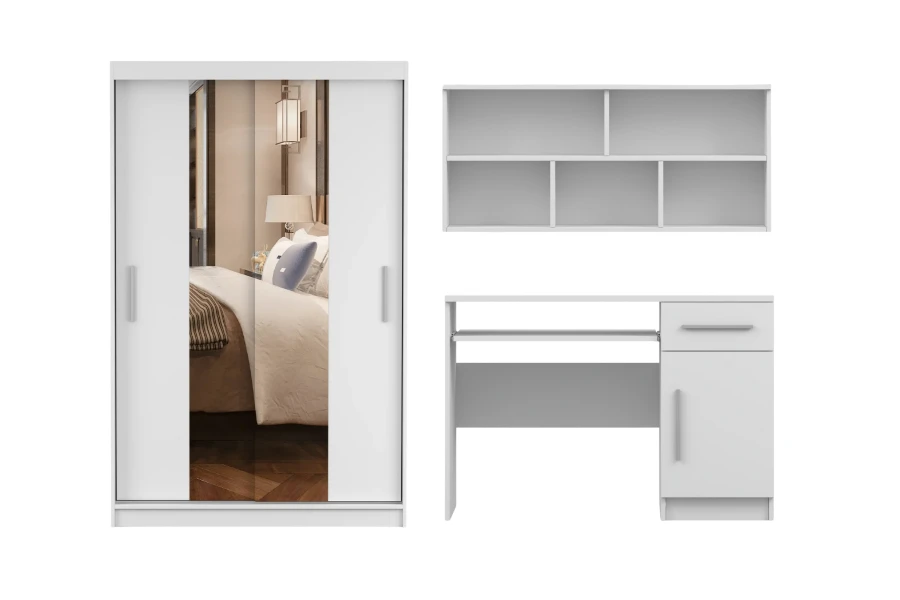 Weißes Möbel-Set bestehend aus Spiegelschrank, kompaktem Schreibtisch und Wandregal.